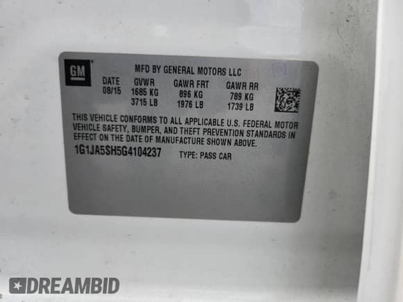 2016 Chevrolet Sonic LS с VIN 1G1JA5SH5G4104237, выставлен на аукционе Copart как лот 81690745 с пробегом 68 112 миль миль и Списание • Salvage title. История ставок и продаж доступна на DreamBid. Изображение 13.