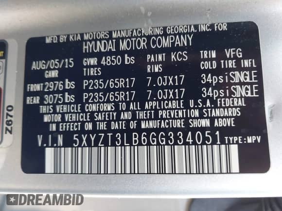2016 Hyundai Santa Fe with VIN 5XYZT3LB6GG334051, listed as a IAAI auction lot 43110895 with 129,029 mi miles and . Bid and sale history available at DreamBid. Image 9.