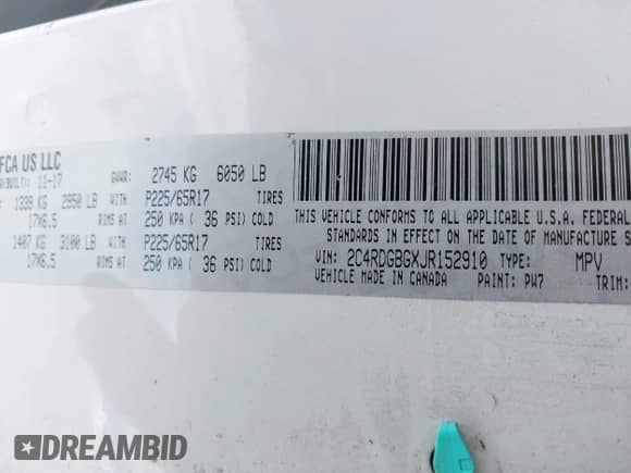 2018 Dodge Grand Caravan SE with VIN 2C4RDGBGXJR152910, listed as a IAAI auction lot 43406932 with 204,400 mi miles and . Bid and sale history available at DreamBid. Image 9.
