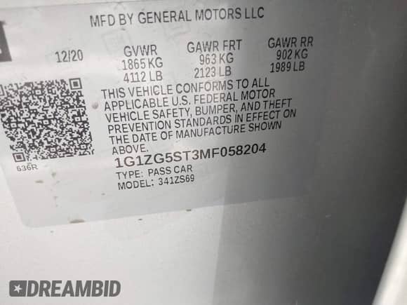 2021 Chevrolet Malibu RS with VIN 1G1ZG5ST3MF058204, listed as a IAAI auction lot 42831949 with 104,310 mi miles and . Bid and sale history available at DreamBid. Image 9.