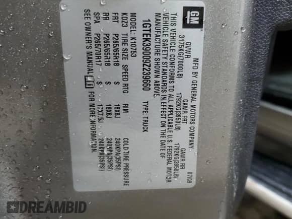 2009 GMC Sierra 1500 SLT z VIN 1GTEK39009Z239660, wystawiony jako Copart lot #58057815 z przebiegiem 203 509 mil mil oraz Szkoda całkowita • Salvage title. Historia ofert i sprzedaży dostępna na DreamBid. Obrazek 12.