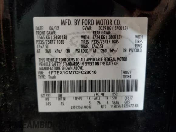 2012 Ford F-150 XL with VIN 1FTEX1CM7CFC28018, listed as a Copart auction lot 89841175 with 176,300 mi miles and Clean title. Bid and sale history available at DreamBid. Image 12.