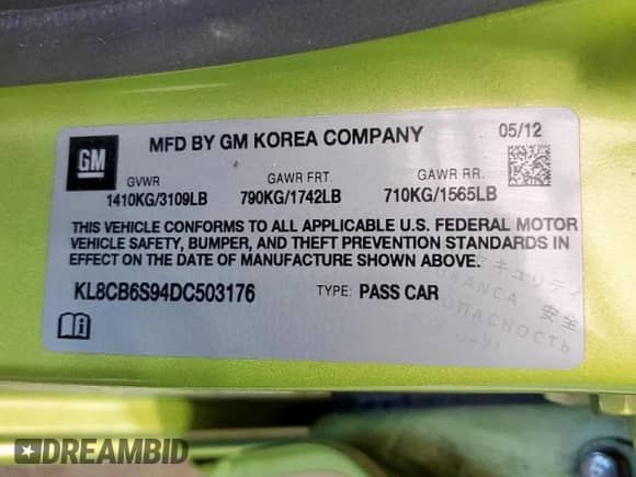 2013 Chevrolet Spark LS с VIN KL8CB6S94DC503176, выставлен на аукционе Copart как лот 68699725 с пробегом 141 919 миль миль и Чистый • Clean title. История ставок и продаж доступна на DreamBid. Изображение 12.