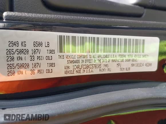 2019 Jeep Grand Cherokee High Altitude with VIN 1C4RJFCG6KC578105, listed as a IAAI auction lot 42858122 with 98,402 mi miles and . Bid and sale history available at DreamBid. Image 9.