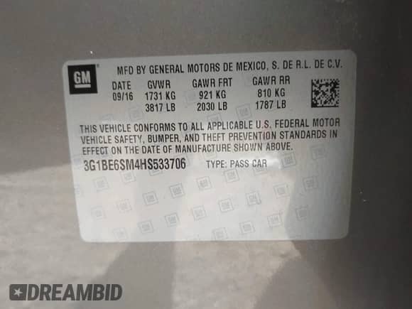 2017 Chevrolet Cruze LT с VIN 3G1BE6SM4HS533706, выставлен на аукционе IAAI как лот 43456014 с пробегом 112 481 миль миль и . История ставок и продаж доступна на DreamBid. Изображение 9.