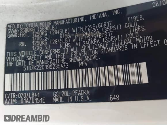 2009 Toyota Sienna XLE with VIN 5TDZK22C19S235473, listed as a IAAI auction lot 43376158 with 110,574 mi miles and . Bid and sale history available at DreamBid. Image 9.