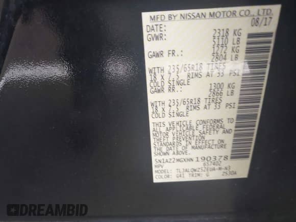 2017 Nissan Murano S with VIN 5N1AZ2MGXHN190378, listed as a IAAI auction lot 42499154 with 65,062 mi miles and . Bid and sale history available at DreamBid. Image 9.