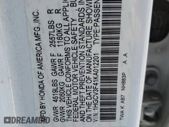 2019 Honda Accord EX с VIN 1HGCV3F41KA012201, выставлен на аукционе Copart как лот 81797055 с пробегом 120 824 миль миль и Списание • Salvage title. История ставок и продаж доступна на DreamBid. Изображение 12.