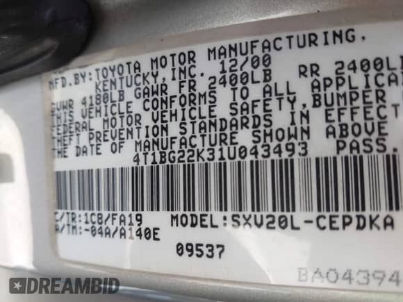 2001 Toyota Camry LE z VIN 4T1BG22K31U043493, wystawiony jako IAAI lot #42986379 z przebiegiem 213 223 mil mil oraz . Historia ofert i sprzedaży dostępna na DreamBid. Obrazek 9.