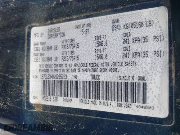 1997 Dodge Dakota с VIN 1B7GL23X8VS265223, выставлен на аукционе IAAI как лот 42156036 с пробегом 237 163 миль миль и . История ставок и продаж доступна на DreamBid. Изображение 8.