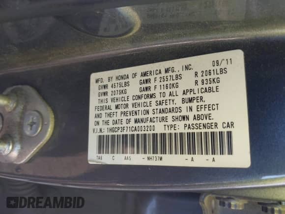 2012 Honda Accord EX с VIN 1HGCP3F71CA003200, выставлен на аукционе IAAI как лот 43100718 с пробегом Не указан миль и . История ставок и продаж доступна на DreamBid. Изображение 9.