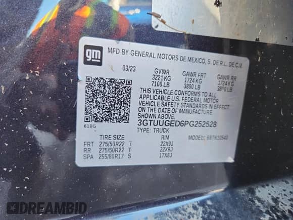 2023 GMC Sierra 1500 Denali z VIN 3GTUUGED6PG252528, wystawiony jako Copart lot #69630655 z przebiegiem 22 590 mil mil oraz Nie do naprawy • Non repairable. Historia ofert i sprzedaży dostępna na DreamBid. Obrazek 12.