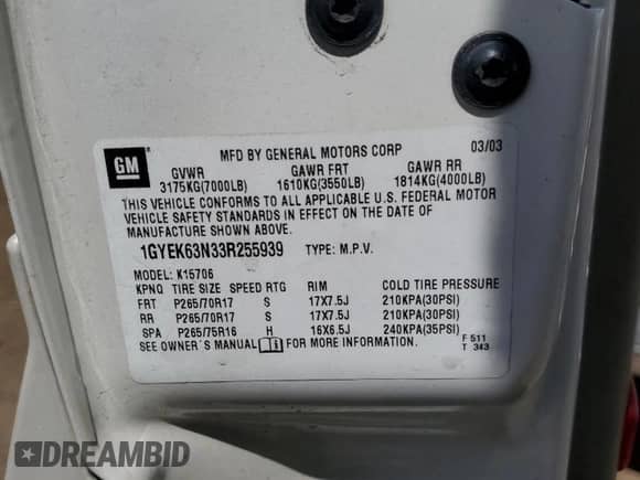 2003 Cadillac Escalade with VIN 1GYEK63N33R255939, listed as a Copart auction lot 54891325 with 236,152 mi miles and Salvage title. Bid and sale history available at DreamBid. Image 13.