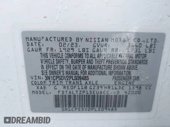 2023 Nissan Kicks SR with VIN 3N1CP5DV2PL509485, listed as a IAAI auction lot 43218725 with 34,491 mi miles and . Bid and sale history available at DreamBid. Image 9.