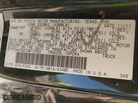 2012 Toyota Tacoma с VIN 5TFTX4CN2CX013352, выставлен на аукционе IAAI как лот 43052705 с пробегом 158 978 миль миль и . История ставок и продаж доступна на DreamBid. Изображение 9.