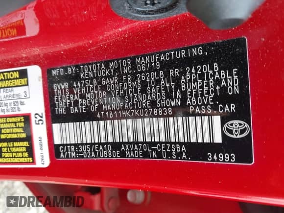 2019 Toyota Camry LE с VIN 4T1B11HK7KU278838, выставлен на аукционе IAAI как лот 41222519 с пробегом 49 582 миль миль и . История ставок и продаж доступна на DreamBid. Изображение 9.