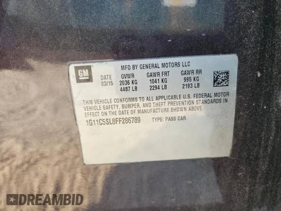 2015 Chevrolet Malibu LT with VIN 1G11C5SL8FF286789, listed as a Copart auction lot 80225265 with 127,578 mi miles and Salvage title. Bid and sale history available at DreamBid. Image 12.