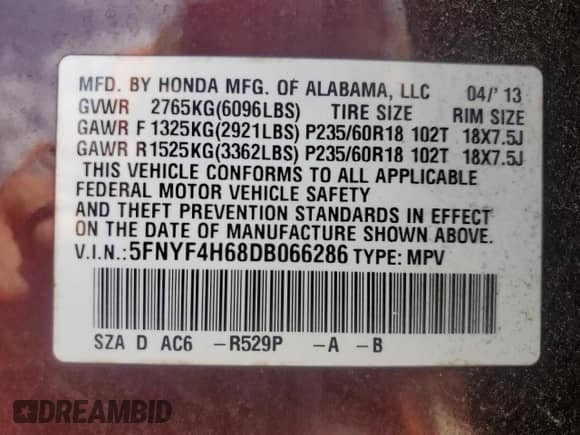 2013 Honda Pilot EX-L with VIN 5FNYF4H68DB066286, listed as a Copart auction lot 63917415 with 221,693 mi miles and Salvage title. Bid and sale history available at DreamBid. Image 14.