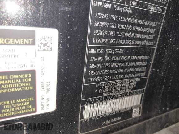2020 Land Rover Range Rover Sport SVR with VIN SALWZ2RE2LA700703, listed as a IAAI auction lot 42959149 with 72,412 mi miles and . Bid and sale history available at DreamBid. Image 9.