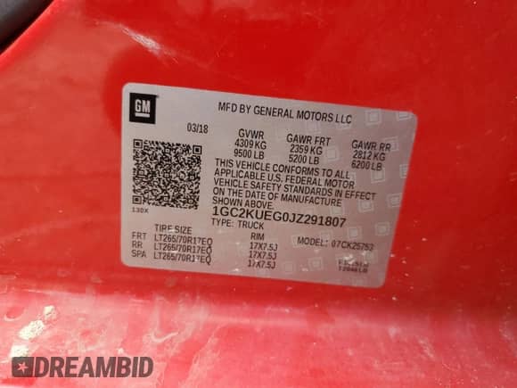 2018 Chevrolet Silverado 2500HD Work Truck z VIN 1GC2KUEG0JZ291807, wystawiony jako Copart lot #84658995 z przebiegiem 188 019 mil mil oraz Szkoda całkowita • Salvage title. Historia ofert i sprzedaży dostępna na DreamBid. Obrazek 12.