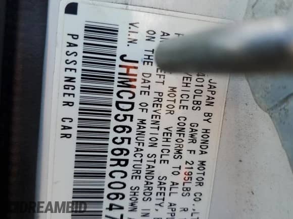 1994 Honda Accord EX with VIN JHMCD5656RC064748, listed as a Copart auction lot 42616235 with 175,442 mi miles and Salvage title. Bid and sale history available at DreamBid. Image 12.