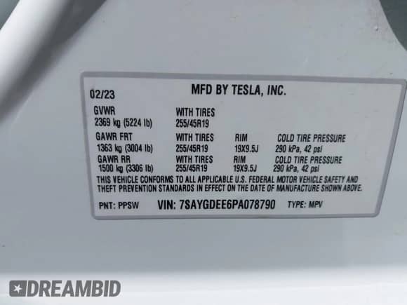 2023 Tesla Model Y Long Range with VIN 7SAYGDEE6PA078790, listed as a IAAI auction lot 43261075 with 20,370 mi miles and . Bid and sale history available at DreamBid. Image 9.