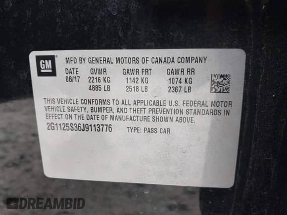 2018 Chevrolet Impala Premier with VIN 2G1125S36J9113776, listed as a IAAI auction lot 42864771 with 68,000 mi miles and . Bid and sale history available at DreamBid. Image 9.