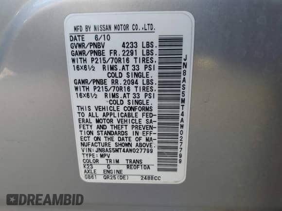 2010 Nissan Rogue SL with VIN JN8AS5MT4AW027799, listed as a IAAI auction lot 43386742 with 194,827 mi miles and . Bid and sale history available at DreamBid. Image 9.