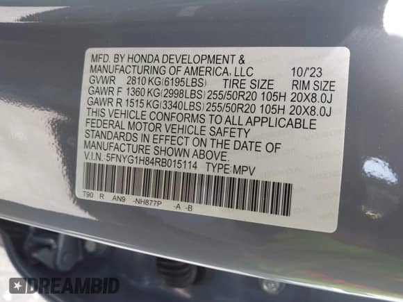 2024 Honda Pilot Elite with VIN 5FNYG1H84RB015114, listed as a IAAI auction lot 43082030 with 26,877 mi miles and . Bid and sale history available at DreamBid. Image 9.