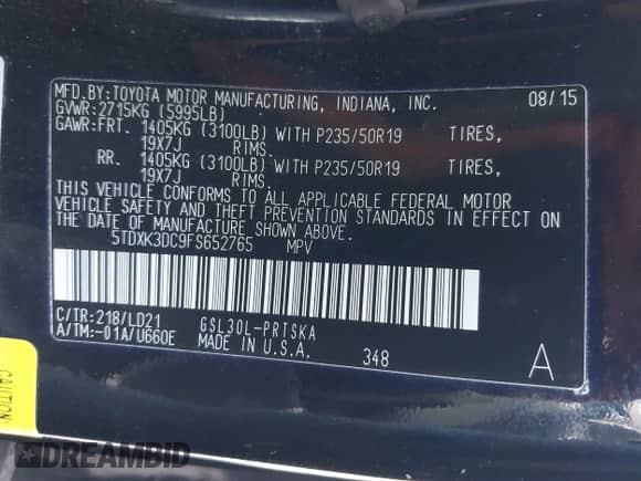 2015 Toyota Sienna SE with VIN 5TDXK3DC9FS652765, listed as a IAAI auction lot 41723922 with 105,679 mi miles and . Bid and sale history available at DreamBid. Image 9.