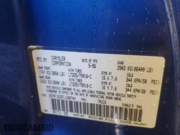 1996 Dodge 1500 with VIN 1B7HF16Z8TJ180744, listed as a Copart auction lot 44231685 with Not provided miles and Non repairable. Bid and sale history available at DreamBid. Image 13.