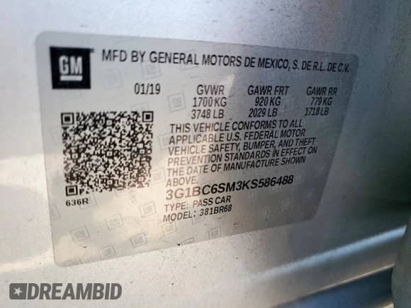 2019 Chevrolet Cruze LS with VIN 3G1BC6SM3KS586488, listed as a Copart auction lot 81212125 with 97,942 mi miles and Salvage title. Bid and sale history available at DreamBid. Image 12.