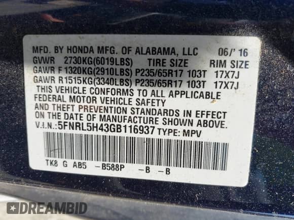 2016 Honda Odyssey EX with VIN 5FNRL5H43GB116937, listed as a IAAI auction lot 42834856 with 130,458 mi miles and . Bid and sale history available at DreamBid. Image 9.