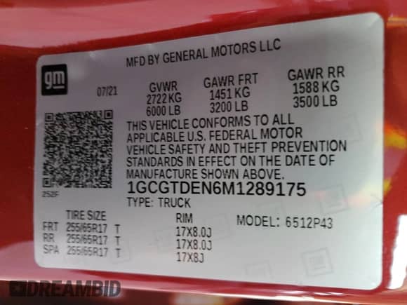 2021 Chevrolet Colorado 4WD Z71 with VIN 1GCGTDEN6M1289175, listed as a Copart auction lot 46641185 with 57,286 mi miles and Salvage title. Bid and sale history available at DreamBid. Image 14.