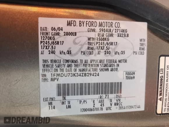 2004 Ford Explorer XLT with VIN 1FMDU73K34ZB29424, listed as a Copart auction lot 85569055 with 101,369 mi miles and Salvage title. Bid and sale history available at DreamBid. Image 13.