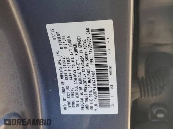 2015 Honda Accord EX-L с VIN 1HGCR2F81FA257409, выставлен на аукционе Copart как лот 70489545 с пробегом 148 970 миль миль и Списание • Salvage title. История ставок и продаж доступна на DreamBid. Изображение 13.