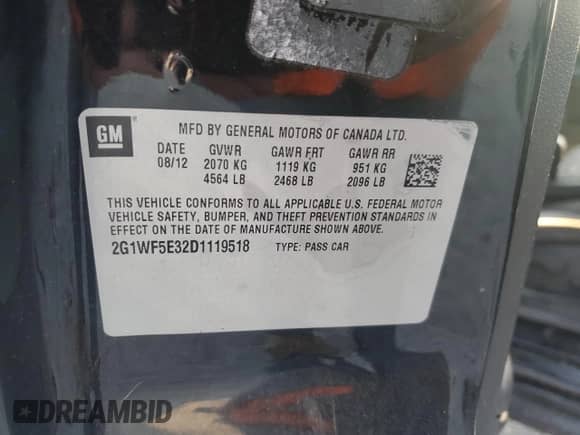 2013 Chevrolet Impala LS с VIN 2G1WF5E32D1119518, выставлен на аукционе Copart как лот 71690245 с пробегом 167 586 миль миль и Чистый • Clean title. История ставок и продаж доступна на DreamBid. Изображение 13.