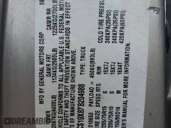 1999 Chevrolet S-10 LS z VIN 1GCCS19X8X8204988, wystawiony jako Copart lot #50084925 z przebiegiem Nie podano mil oraz Szkoda całkowita • Salvage title. Historia ofert i sprzedaży dostępna na DreamBid. Obrazek 13.