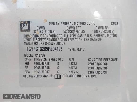 2009 Cadillac Escalade with VIN 1GYFC13289R204195, listed as a IAAI auction lot 41416656 with 157,649 mi miles and . Bid and sale history available at DreamBid. Image 9.