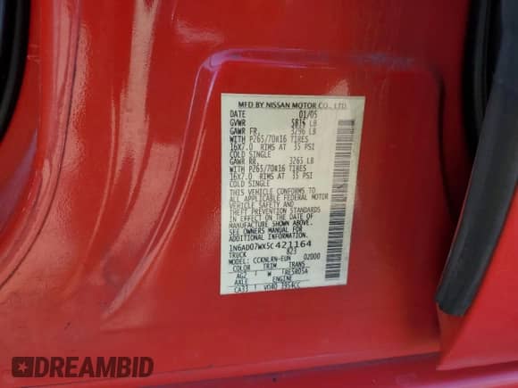 2005 Nissan Frontier Nismo with VIN 1N6AD07WX5C421164, listed as a Copart auction lot 82762115 with 176,610 mi miles and Clean title. Bid and sale history available at DreamBid. Image 12.