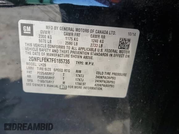2015 Chevrolet Equinox LT with VIN 2GNFLFEK7F6185735, listed as a Copart auction lot 86662605 with 269,106 mi miles and Salvage title. Bid and sale history available at DreamBid. Image 13.