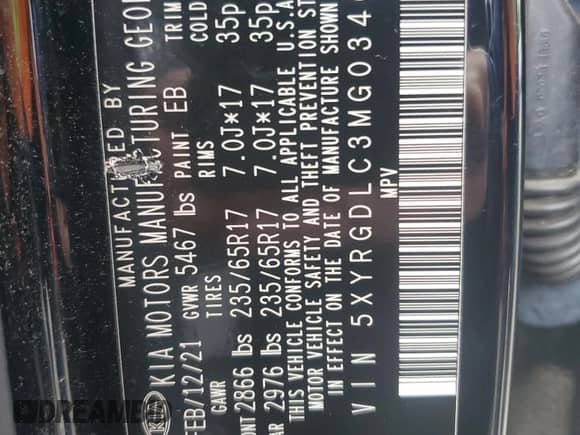 2021 Kia Sorento LX with VIN 5XYRGDLC3MG034076, listed as a Copart auction lot 69842055 with 87,993 mi miles and Salvage title. Bid and sale history available at DreamBid. Image 13.