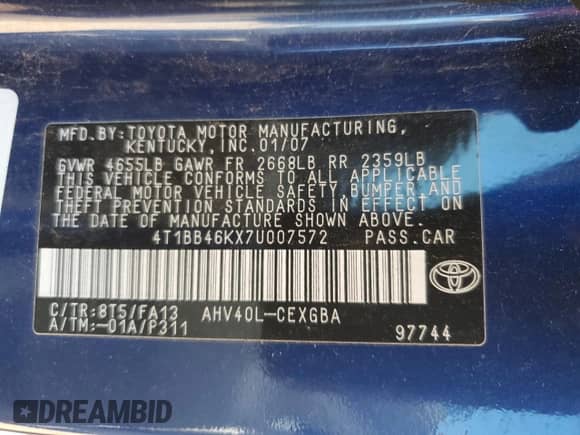 2007 Toyota Camry с VIN 4T1BB46KX7U007572, выставлен на аукционе Copart как лот 84066985 с пробегом 240 876 миль миль и Списание • Salvage title. История ставок и продаж доступна на DreamBid. Изображение 12.