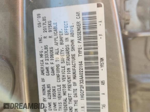 2010 Honda Accord LX z VIN 1HGCP2F32AA022164, wystawiony jako Copart lot #89488115 z przebiegiem 84 477 mil mil oraz Szkoda całkowita • Salvage title. Historia ofert i sprzedaży dostępna na DreamBid. Obrazek 12.