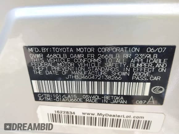 2007 Lexus ES 330 с VIN JTHBJ46G472138266, выставлен на аукционе IAAI как лот 43274831 с пробегом 171 861 миль миль и . История ставок и продаж доступна на DreamBid. Изображение 9.