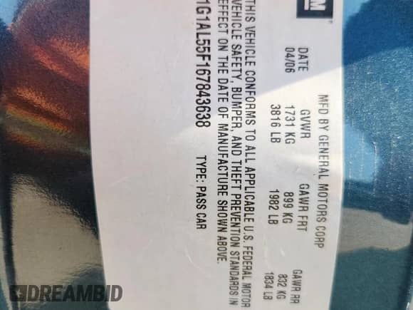 2006 Chevrolet Cobalt LT z VIN 1G1AL55F167843638, wystawiony jako Copart lot #67778325 z przebiegiem Nie podano mil oraz Szkoda całkowita • Salvage title. Historia ofert i sprzedaży dostępna na DreamBid. Obrazek 12.