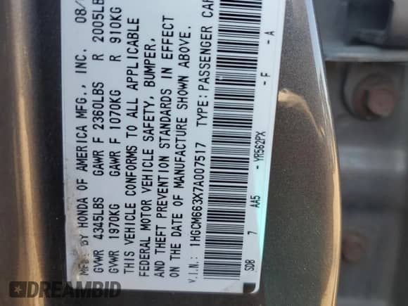 2007 Honda Accord LX with VIN 1HGCM663X7A007517, listed as a Copart auction lot 82318865 with 206,154 mi miles and Salvage title. Bid and sale history available at DreamBid. Image 12.