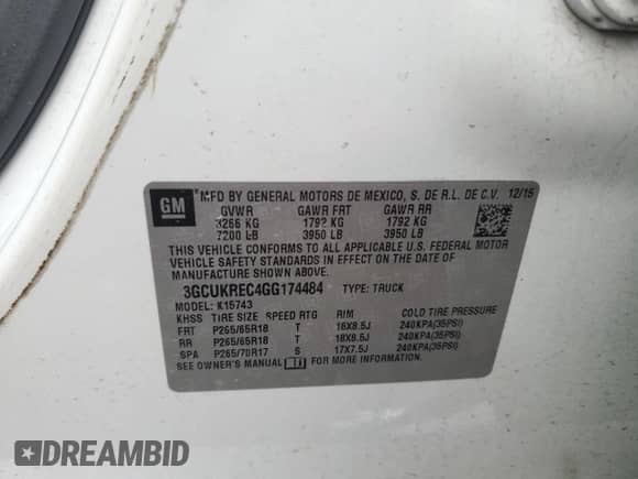 2016 Chevrolet Silverado 1500 LT with VIN 3GCUKREC4GG174484, listed as a Copart auction lot 67702595 with 110,030 mi miles and Salvage title. Bid and sale history available at DreamBid. Image 12.