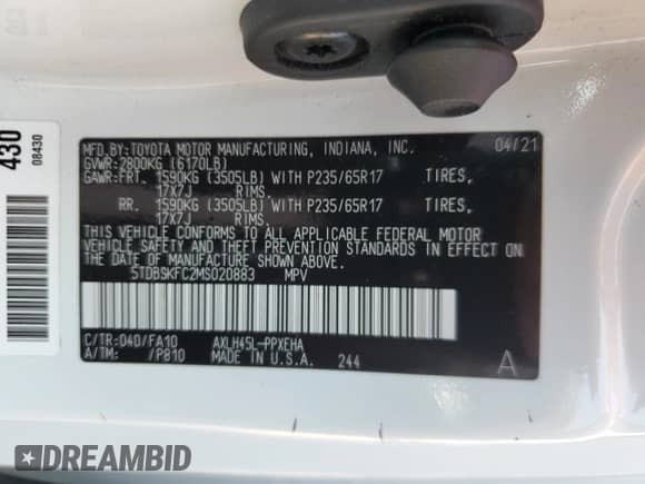 2021 Toyota Sienna LE with VIN 5TDBSKFC2MS020883, listed as a Copart auction lot 59347355 with 203,942 mi miles and Salvage title. Bid and sale history available at DreamBid. Image 14.