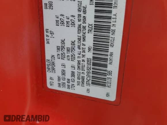 1997 Dodge 1500 с VIN 1B7HC16Y6VS218355, выставлен на аукционе Copart как лот 58016735 с пробегом 208 819 миль миль и Списание • Salvage title. История ставок и продаж доступна на DreamBid. Изображение 12.